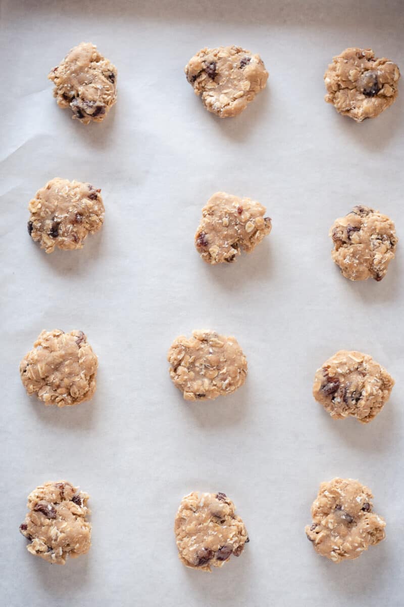 Gently flattened balls of oatmeal raisin cookie dough