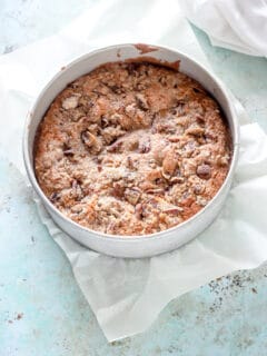 Strawberry Rhubarb Buckle in a springform pan