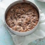 Strawberry Rhubarb Buckle in a springform pan, overhead shot vertical