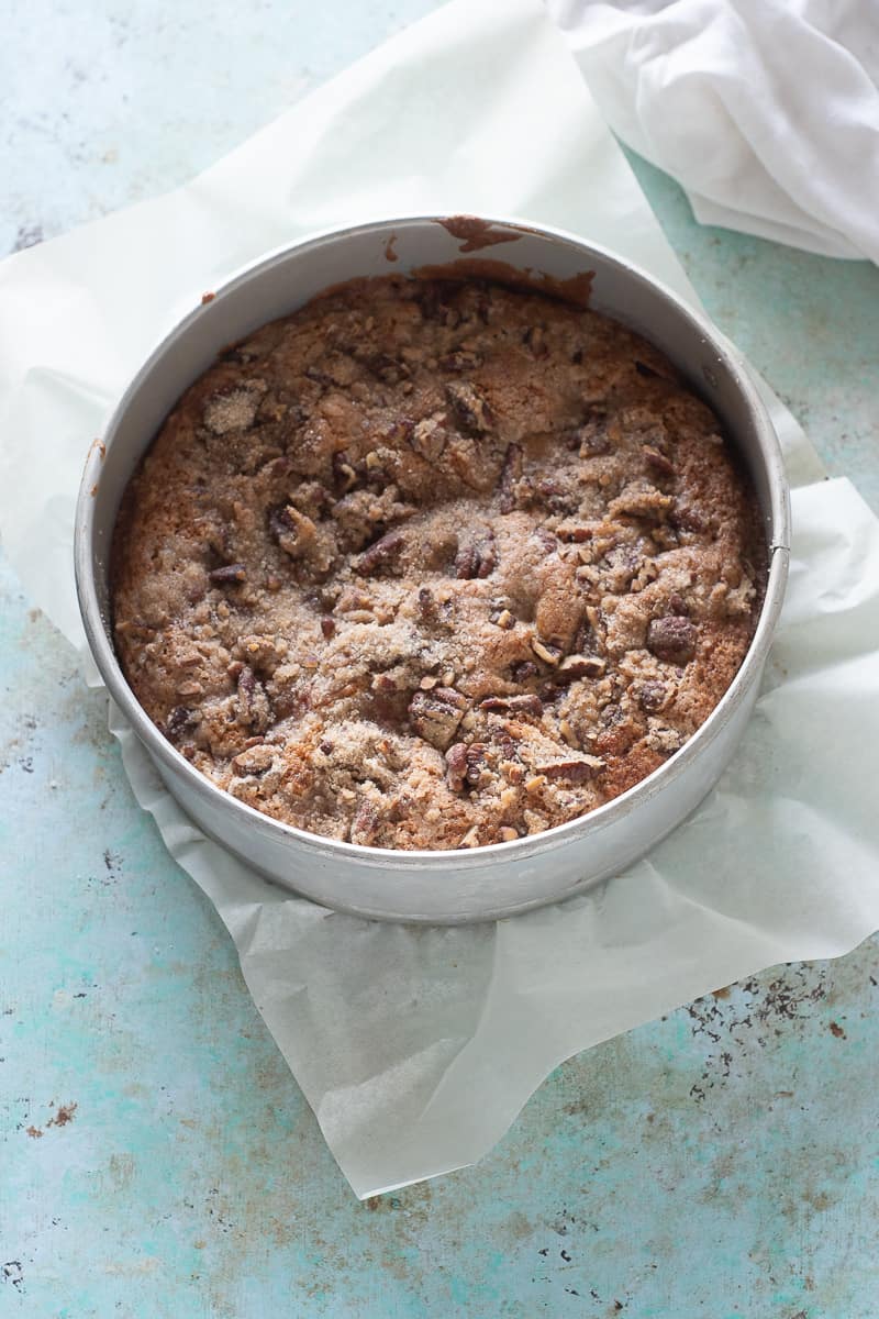 Strawberry Rhubarb Buckle in a springform pan, overhead shot vertical