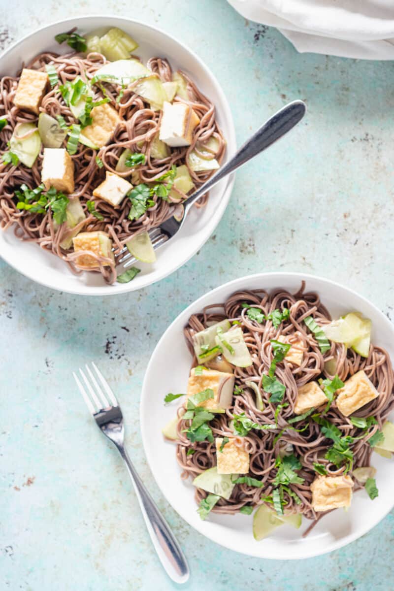 Two plates of sesame-lime soba noodles