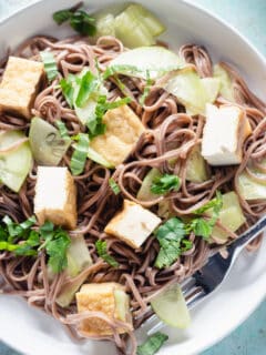 A plate of sesame-lime soba noodles up close