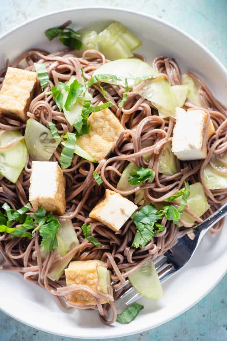 A plate of sesame-lime soba noodles up close