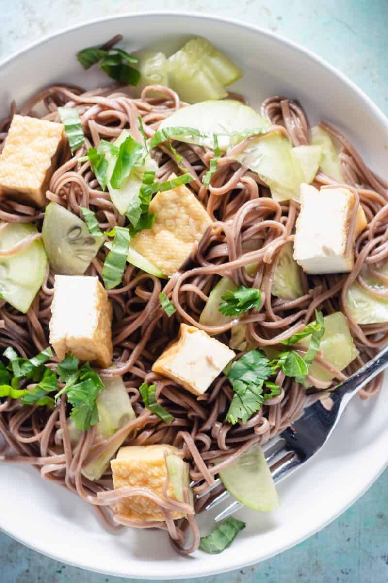 A plate of sesame-lime soba noodles up close