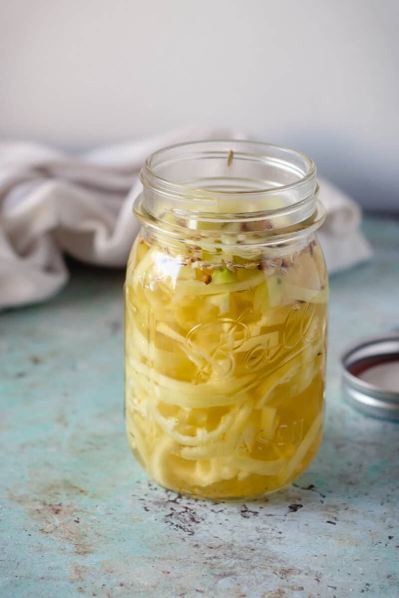 Close up of Quick Pickled Banana Peppers in a jar