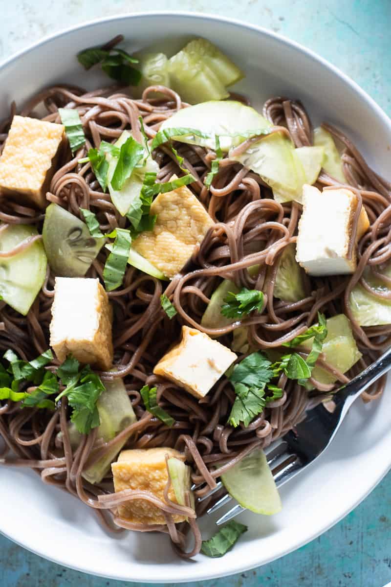 Sesame Lime Soba Noodles on a plate, closeup