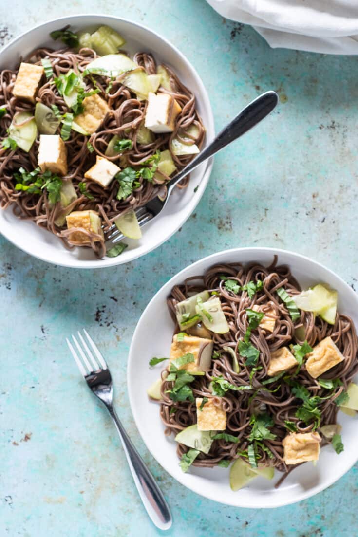 Sesame Lime Soba Noodles on two plates with forks