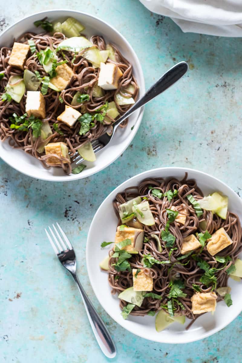 Sesame Lime Soba Noodles on two plates with forks