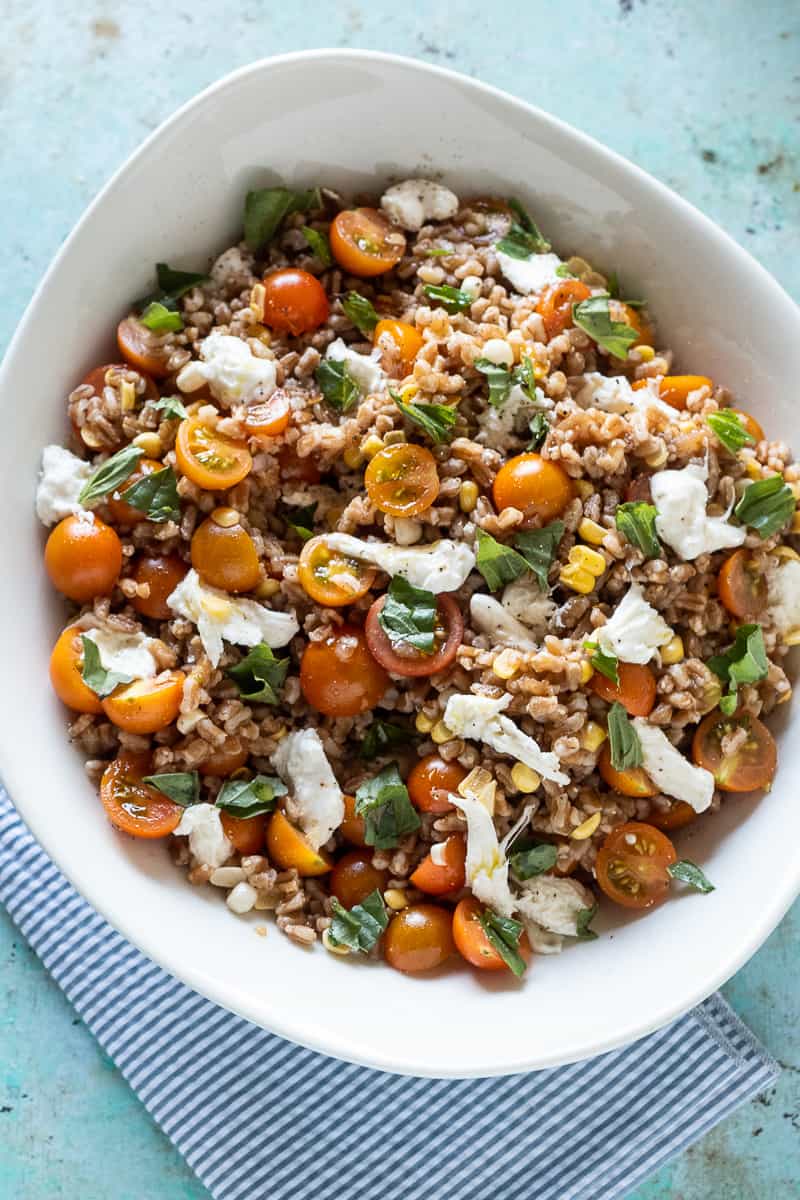 Corn and tomato farro salad with fresh mozzarella and basil overhead closeup