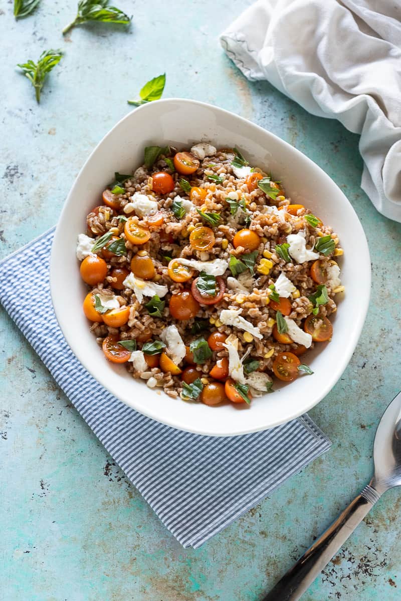 Corn and Tomato Farro Salad with Fresh Mozzarella