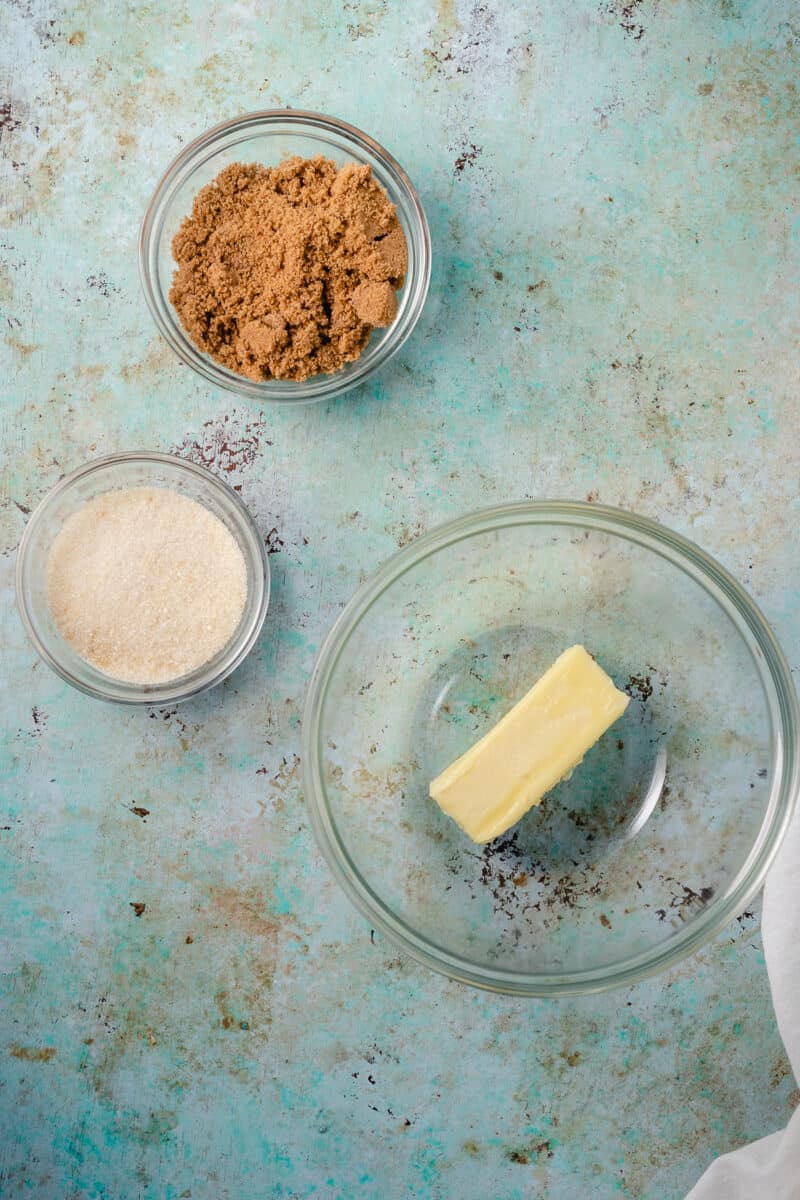 Brown sugar, granulated sugar, softened butter in mixing bowls