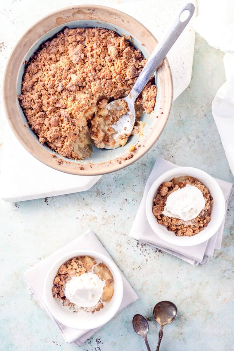 Apple Crisp overhead with two bowls with crisp and ice cream