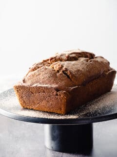 Pumpkin Bread on a black cake stand