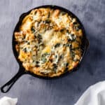 Swiss Chard and Gruyere Strata in a cast iron skillet