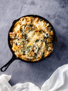 Swiss Chard and Gruyere Strata in a cast iron skillet