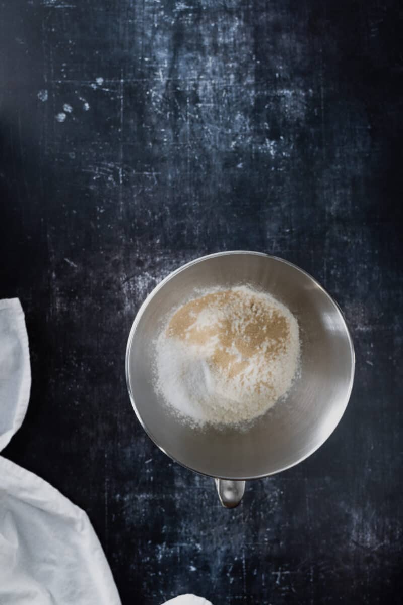 Flour, yeast, and salt in a stand mixer bowl