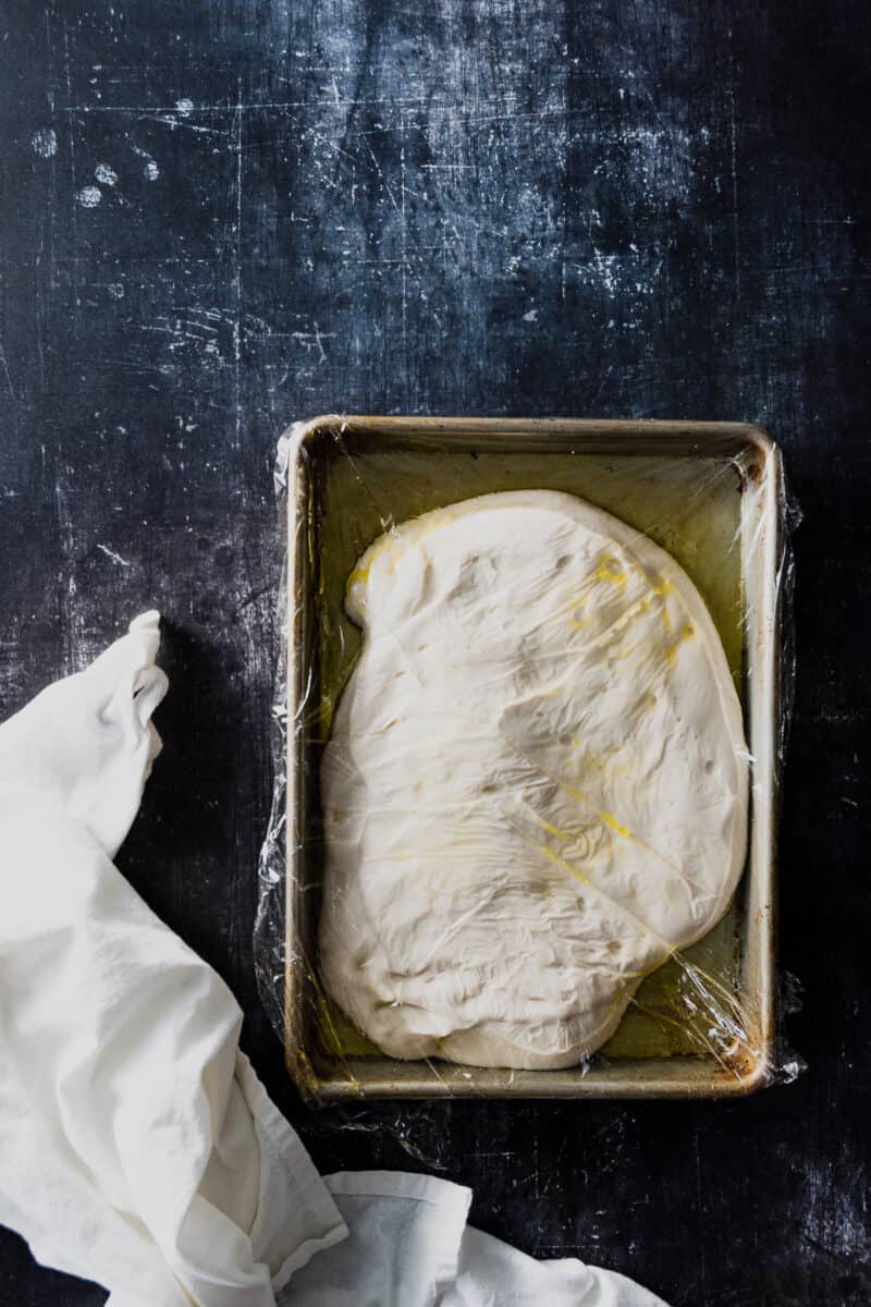 Focaccia dough in a sheet pan covered with plastic wrap