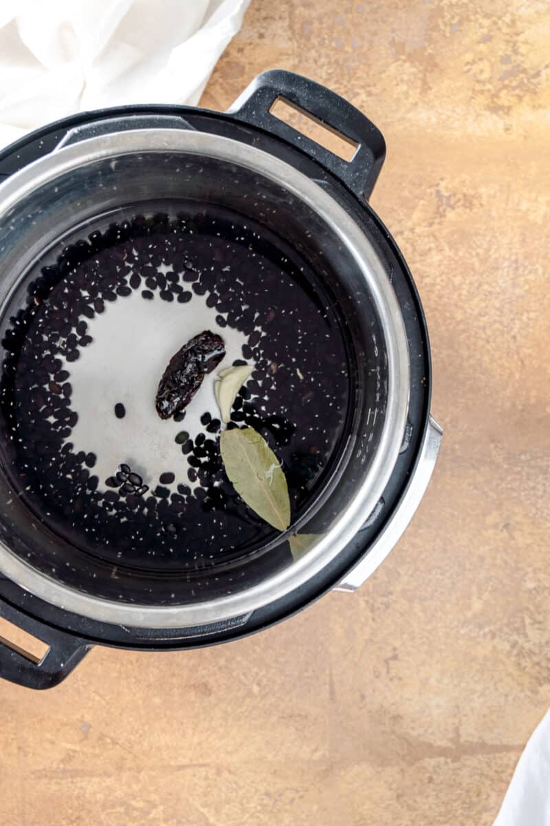 Black beans, water, a garlic clove, bay leaf, and dried morita chile in an Instant Pot