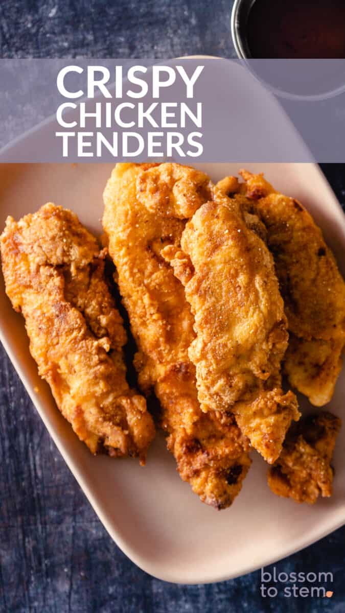 Crispy Chicken Tenders on a rectangular pink plate