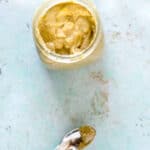 Garlicky cashew sauce in a jar, overhead view