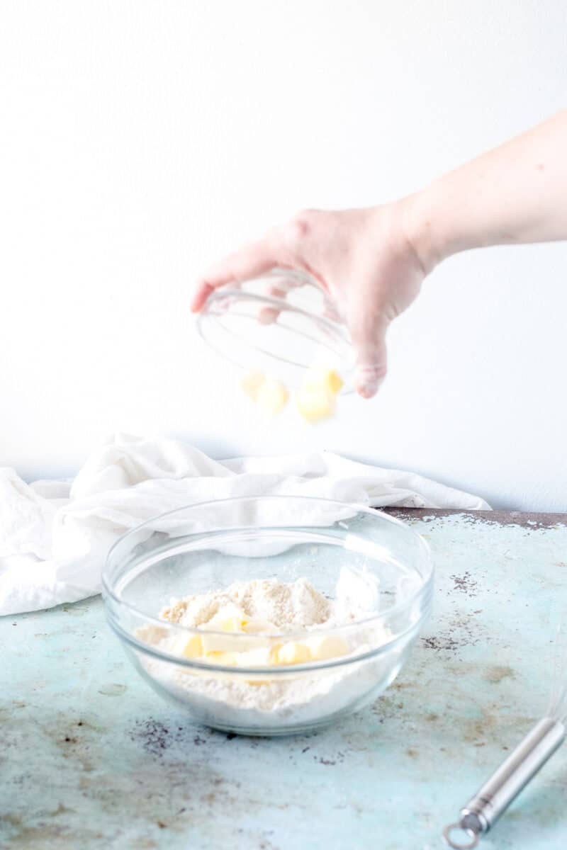 Butter cubes added to flour mixture