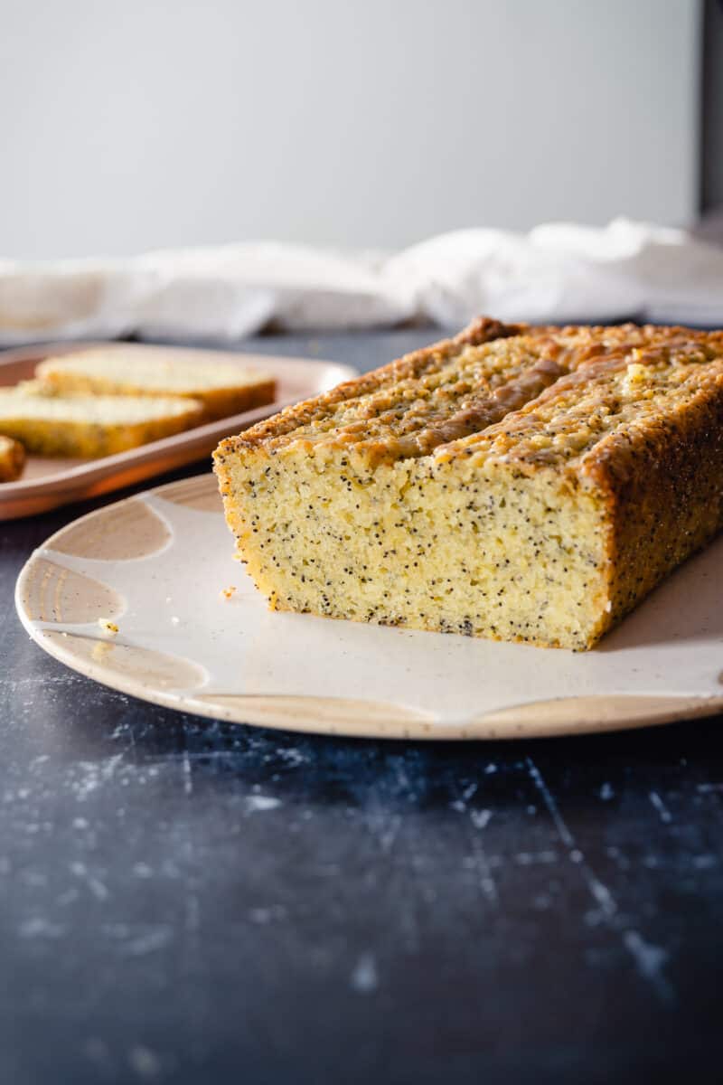 Lemon Poppy Seed Loaf Cake, sliced side exposed