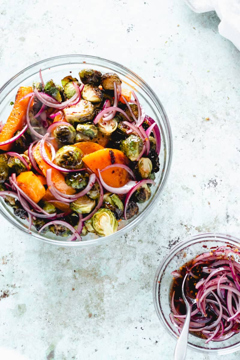 Butternut Squash and Brussels Sprouts in Agrodolce in a glass bowl