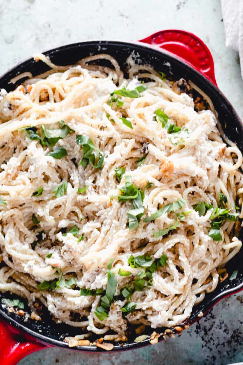 Overhead shot of ricotta pasta in the skillet